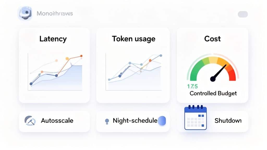 A dashboard displaying AI system performance metrics, cost budget, and management controls.