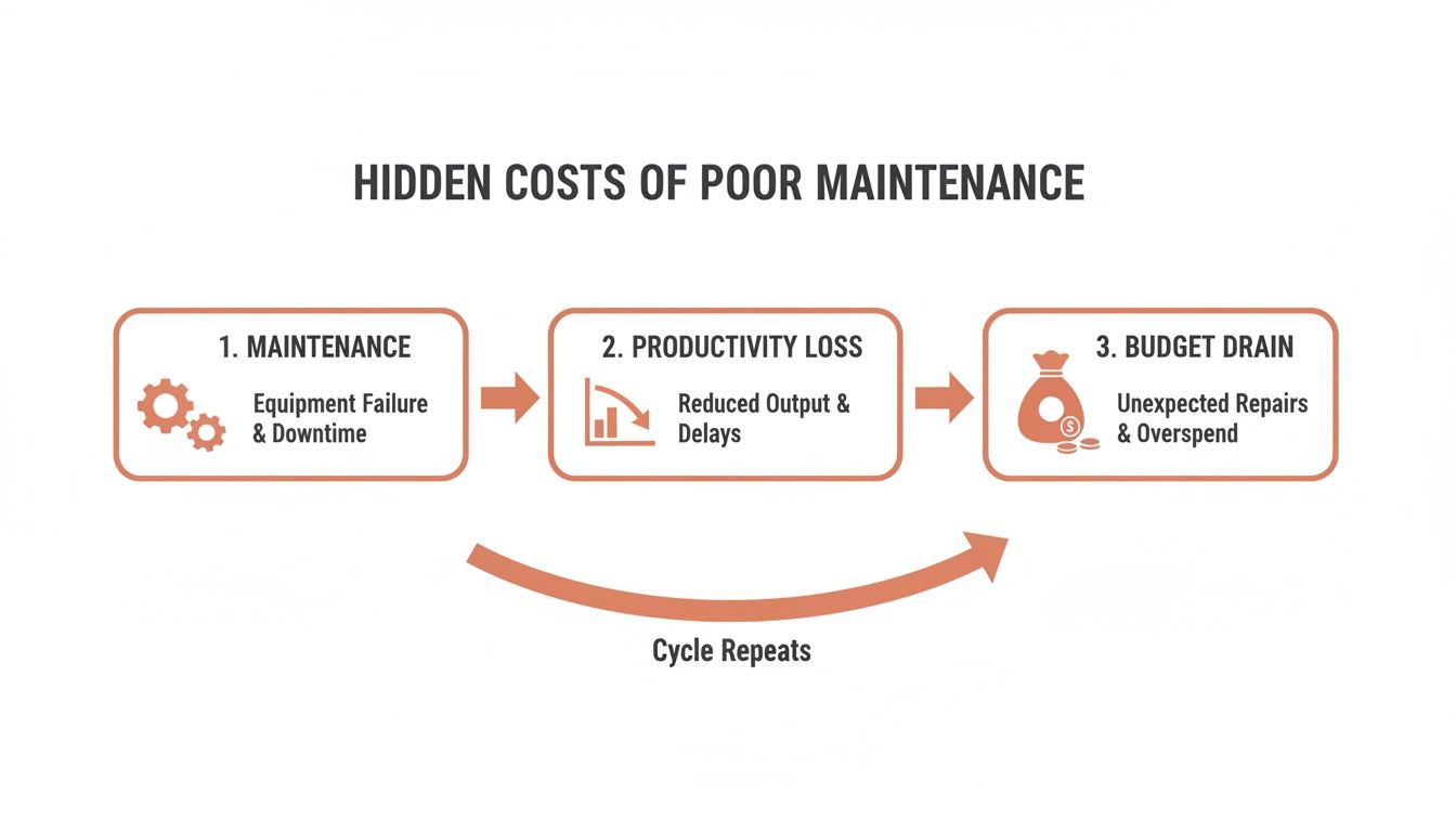 Diagram showing the hidden costs of poor maintenance: equipment failure, productivity loss, and budget drain, a repeating cycle.