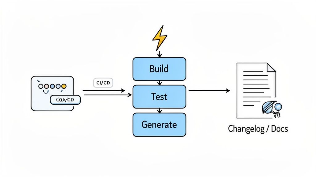 A diagram illustrating a DevOps pipeline: CI/CD input, Build, Test, Generate stages, leading to Changelog/Docs.