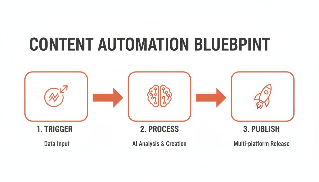 Blueprint for content automation showing trigger, AI analysis, and multi-platform publishing.