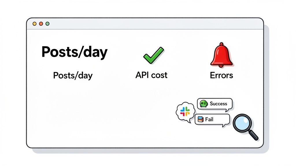 A browser window displaying metrics for automated blog posts: Posts/day, API cost, and Errors, with Slack notifications.