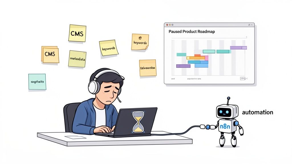A stressed person works on a laptop with content tasks, as an n8n automation robot offers help.