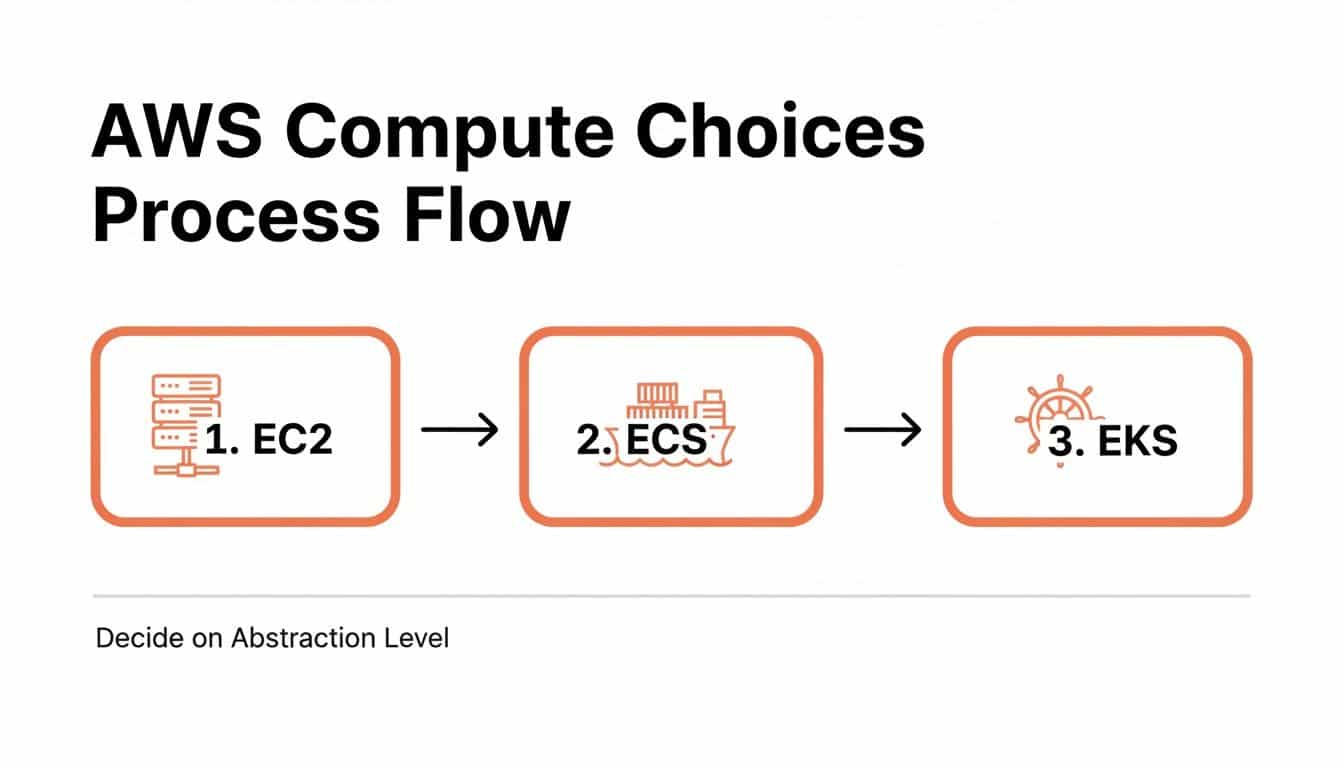 AWS Compute Choices Process Flow diagram showing EC2, ECS, and EKS, helping decide on abstraction level.