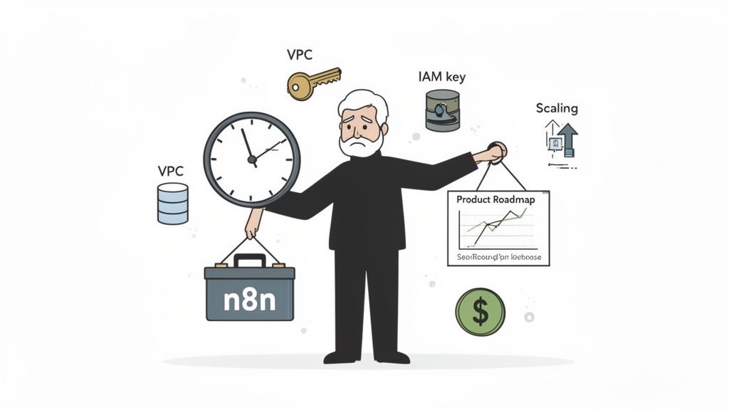 Stressed man balancing n8n toolbox, product roadmap, and symbols of cloud infrastructure like VPC, IAM, and scaling.