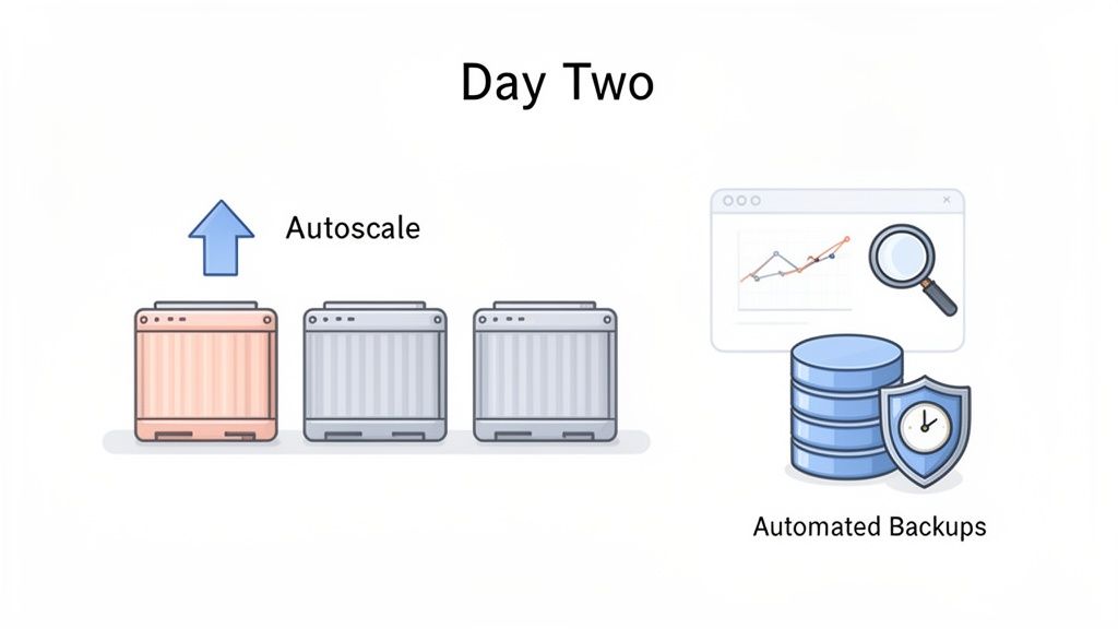 An illustration of 'Day Two' operations, showing autoscale, performance monitoring, and automated database backups.