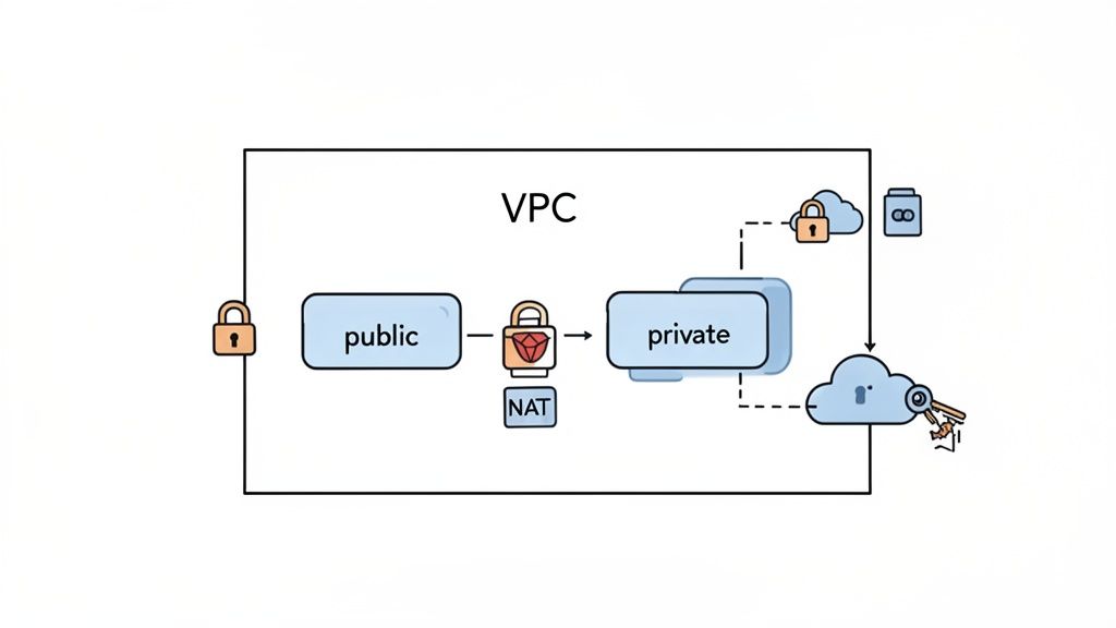 Diagram showing a Virtual Private Cloud (VPC) with public and private subnets, a NAT gateway, and secure cloud connections.