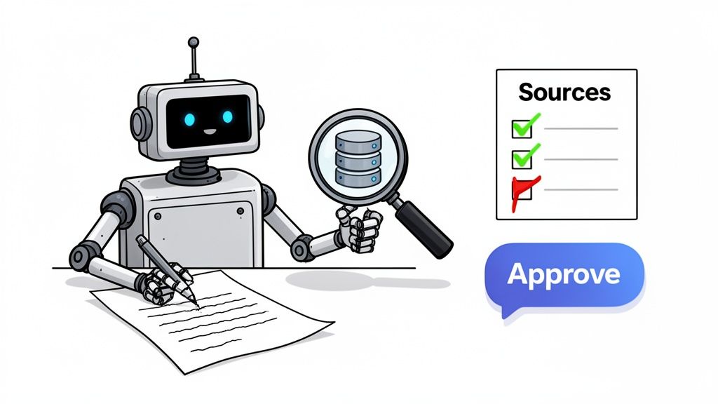A friendly robot writes, researches sources with a magnifying glass, and reviews a checklist for approval.