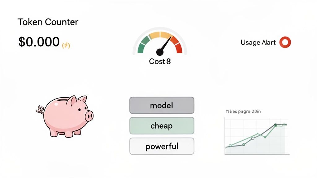 A dashboard displaying a token counter, cost meter, usage alert, model options, and a graph.