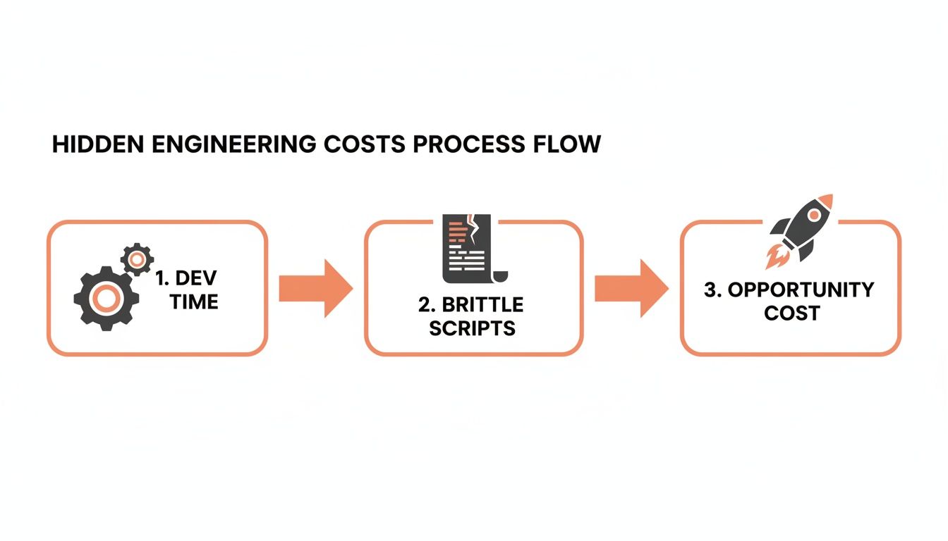 A process flow diagram illustrating hidden engineering costs: Dev Time, Brittle Scripts, and Opportunity Cost.