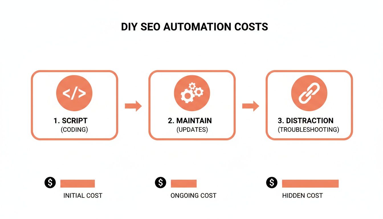 Diagram showing DIY SEO automation costs: scripting (initial), maintaining (ongoing), and troubleshooting (hidden expenses).