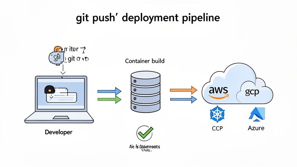 Diagram illustrating a 'git push' deployment pipeline from developer to container build and cloud platforms like AWS, GCP, and Azure.