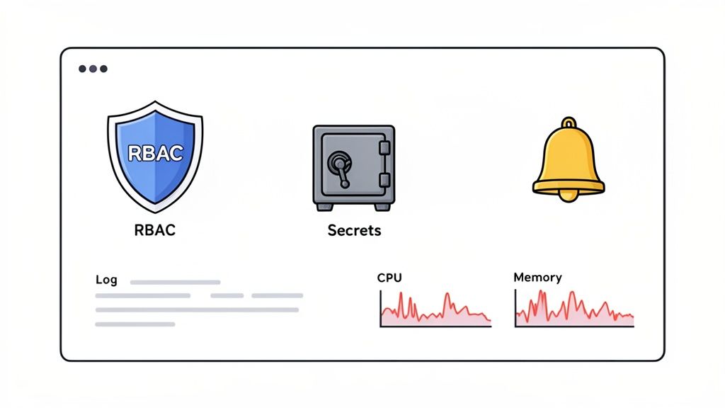 A comprehensive system dashboard showing security (RBAC, secrets), alerts, and performance monitoring (logs, CPU, memory).