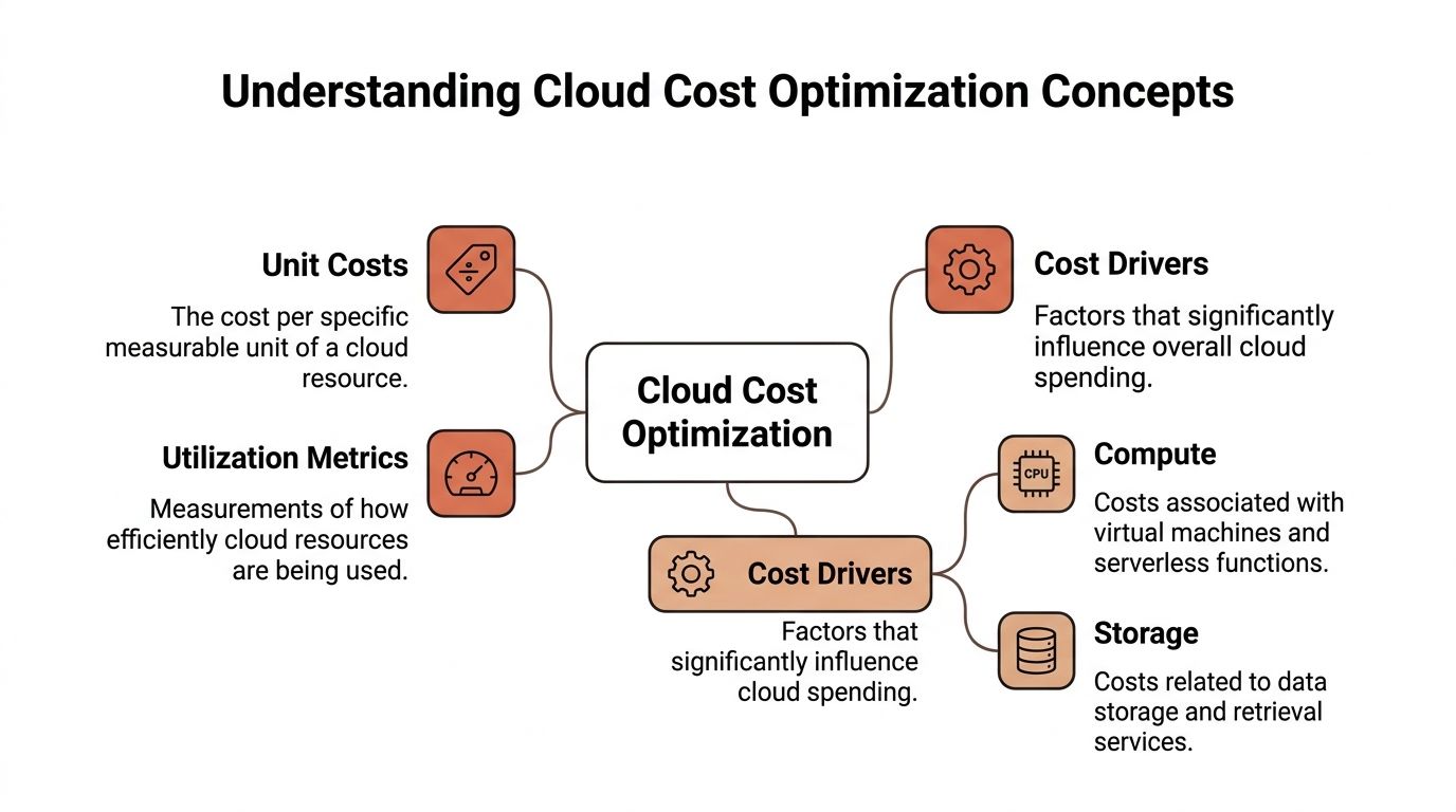 A diagram illustrating core concepts of cloud cost optimization including unit costs, utilization metrics, and cost drivers.