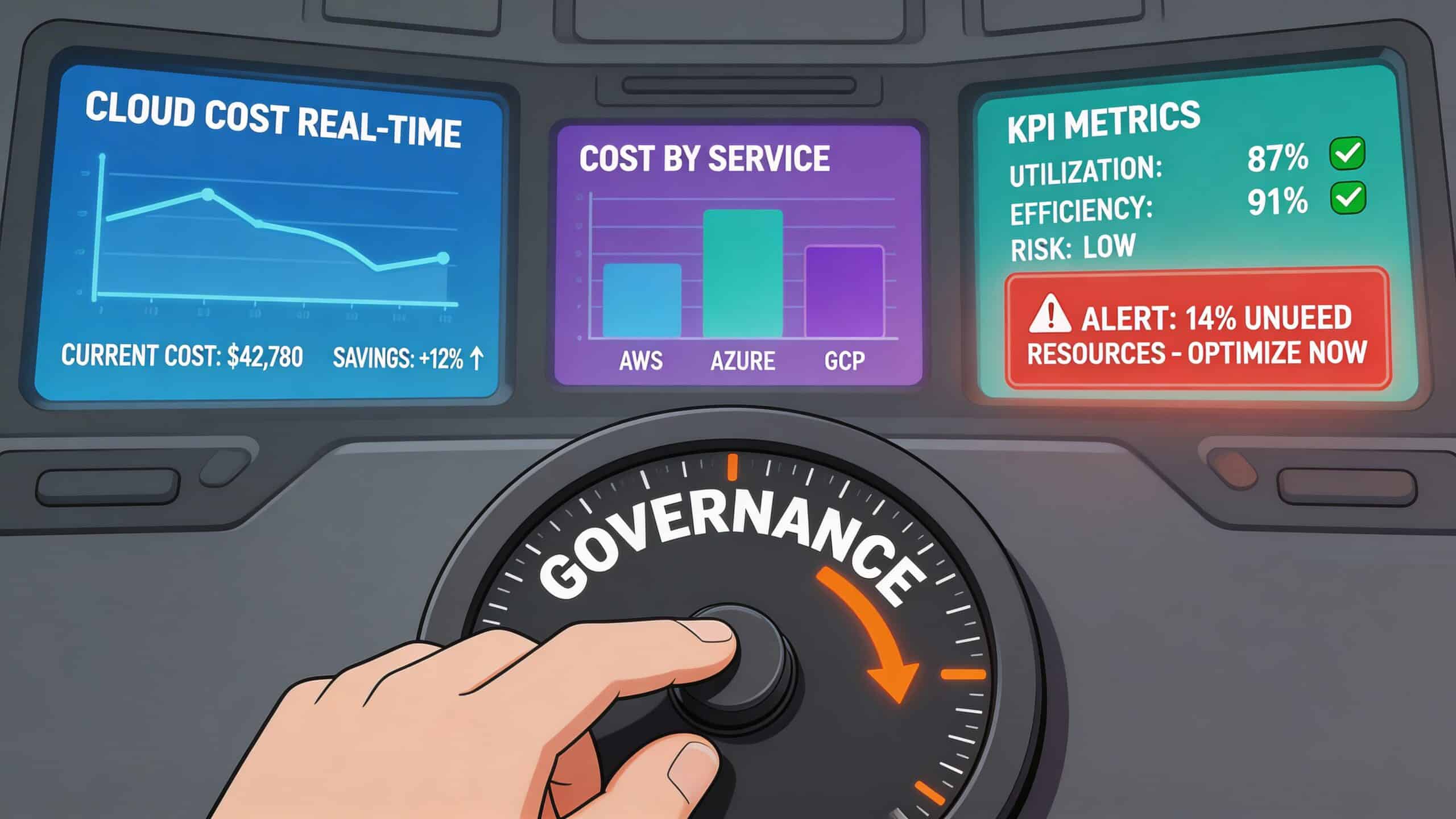A dashboard showing cloud cost metrics and governance settings being adjusted by a hand for optimization.