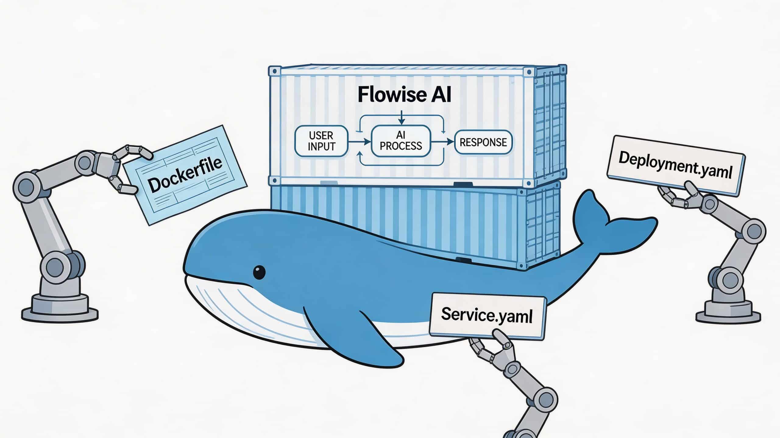 Robotic arms handling configuration files for a Flowise AI application running inside a Docker container on a whale.