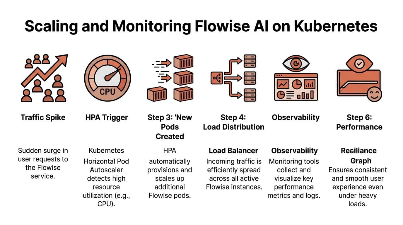A diagram illustrating the automated scaling and monitoring process for Flowise AI on a Kubernetes cluster.