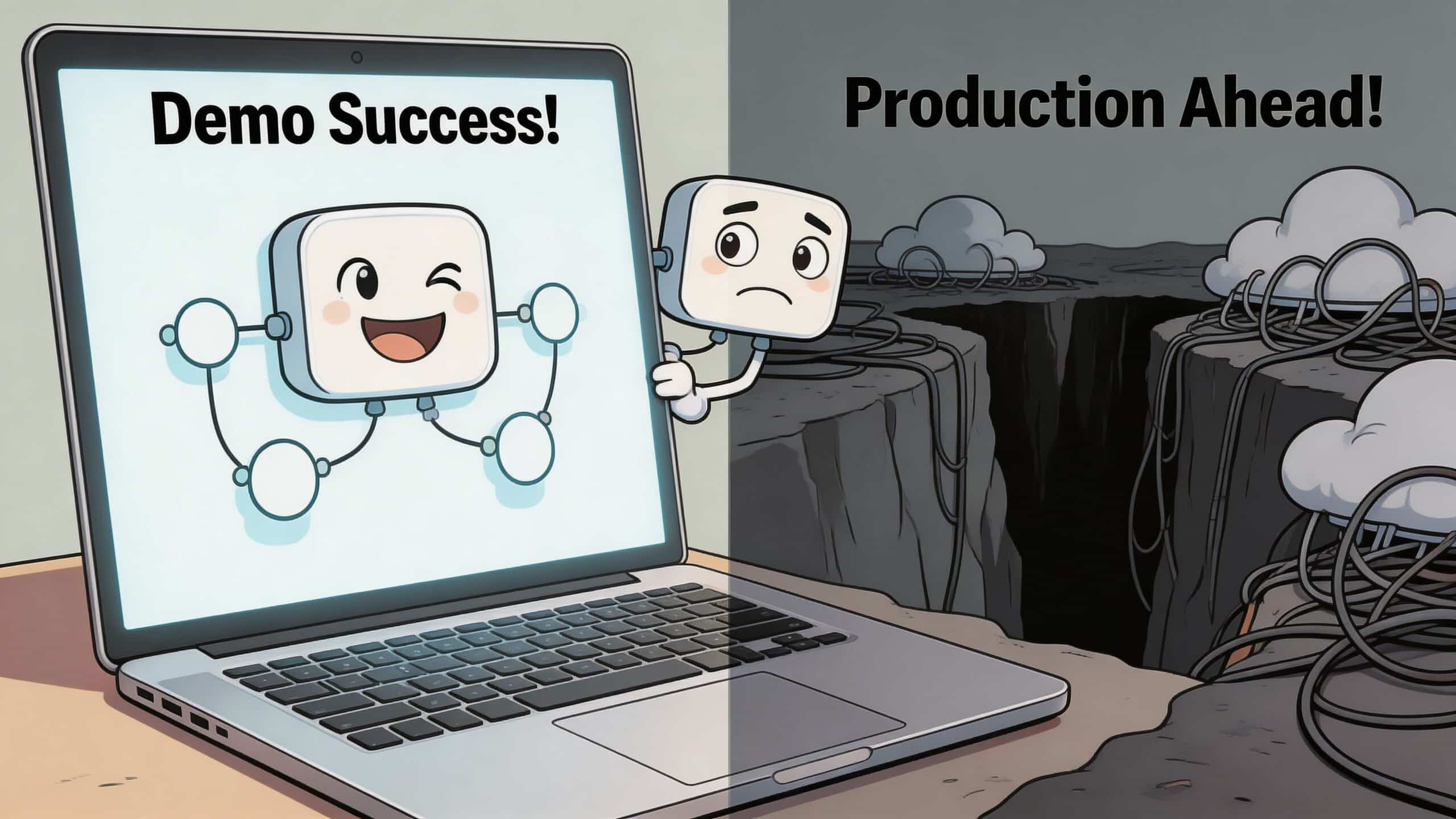 A cartoon illustration showing a happy character on a laptop screen versus a worried one facing production.