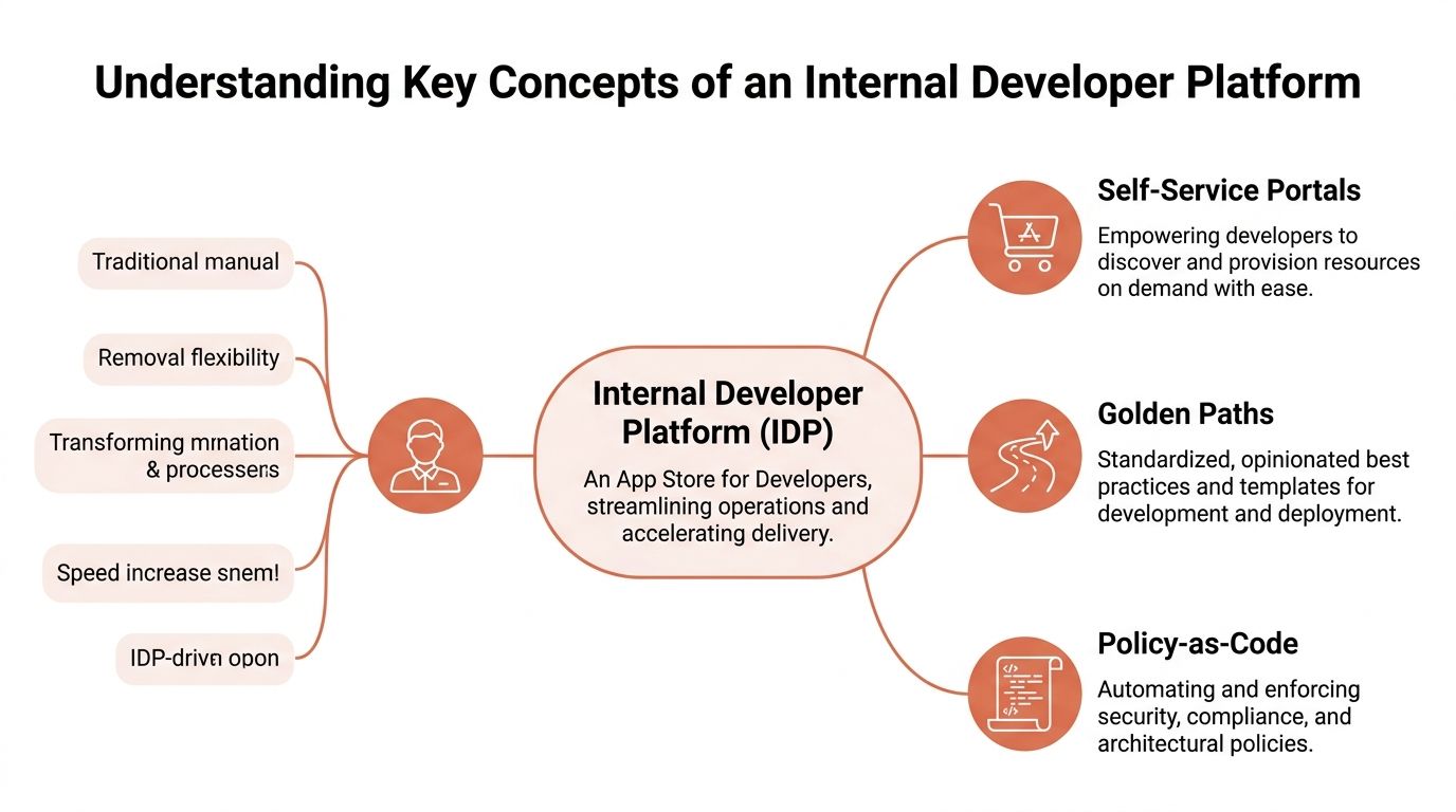 A mind map illustrating the key concepts of an internal developer platform, including self-service, golden paths, and policy-as-code.