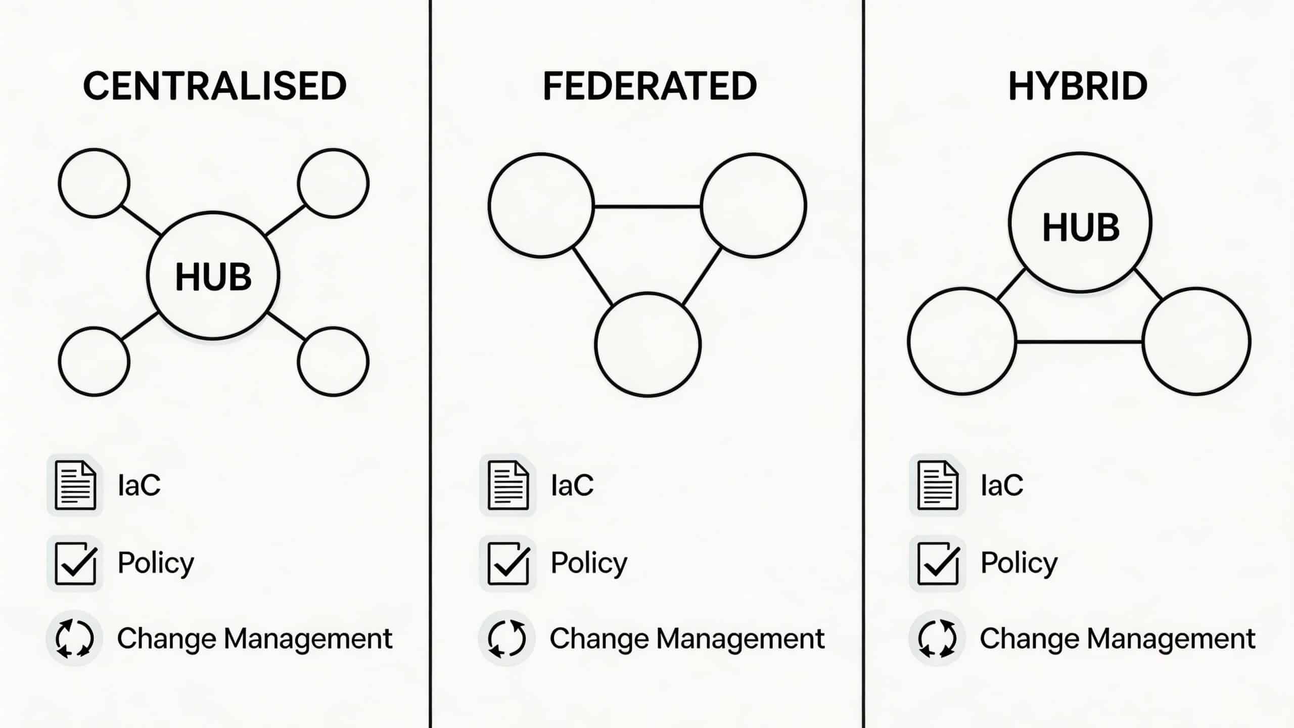A diagram comparing centralized, federated, and hybrid infrastructure management models with key components like IaC, policy, and change management.
