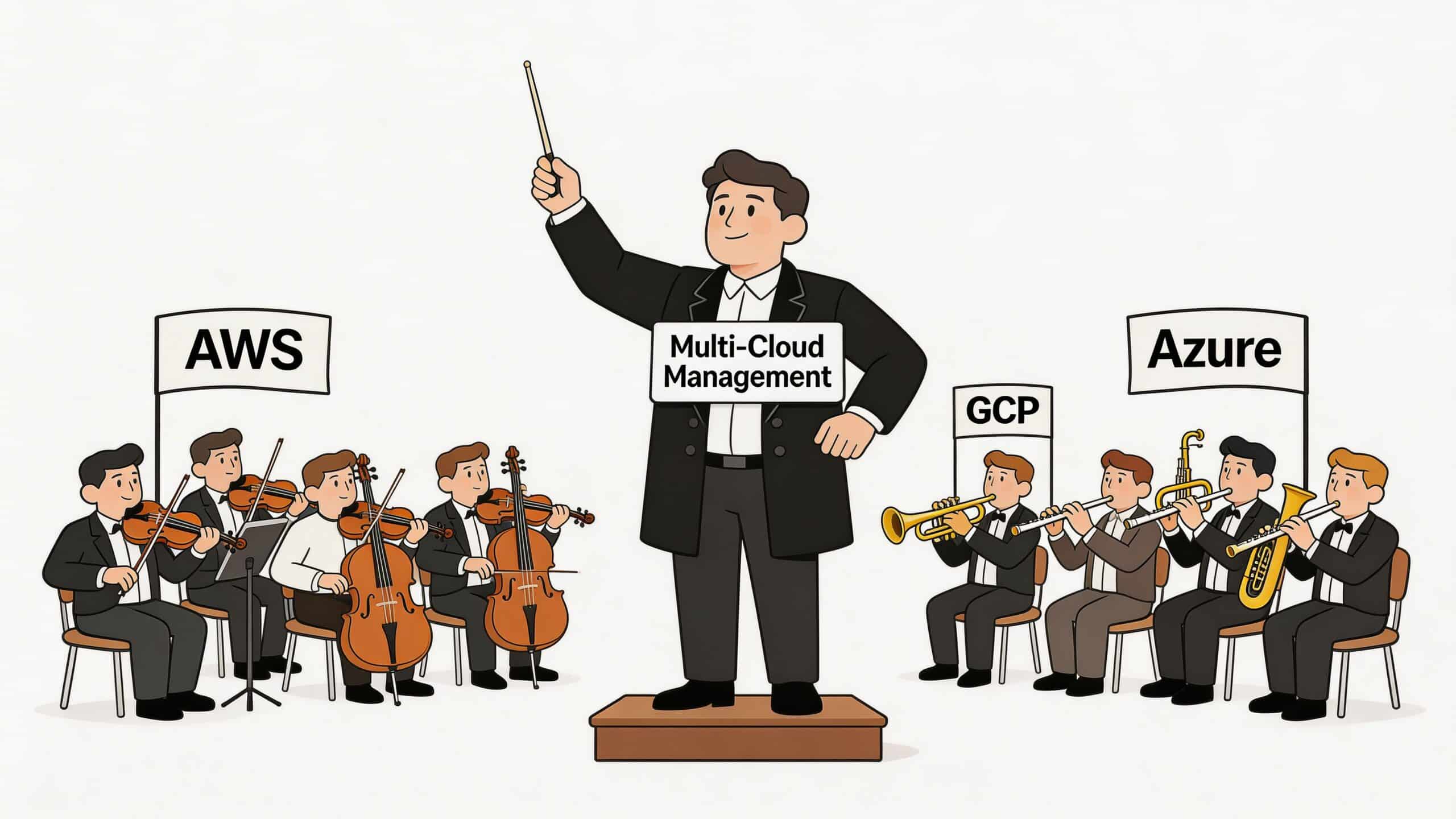 A conductor leading an orchestra, representing multi-cloud management as a harmonious coordination of various cloud services.