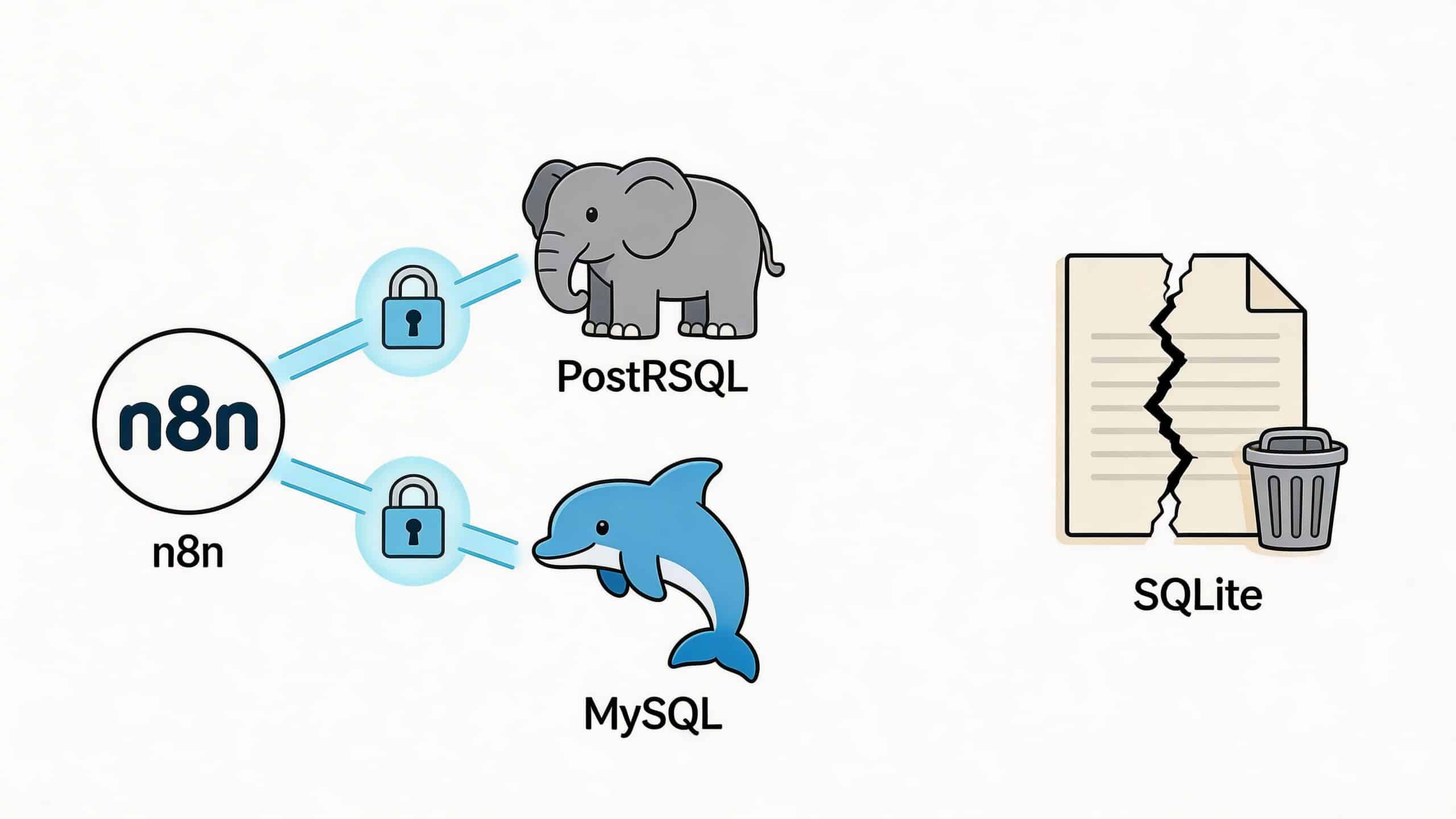 A diagram showing n8n connecting to PostgreSQL and MySQL databases, while SQLite is shown as discarded.