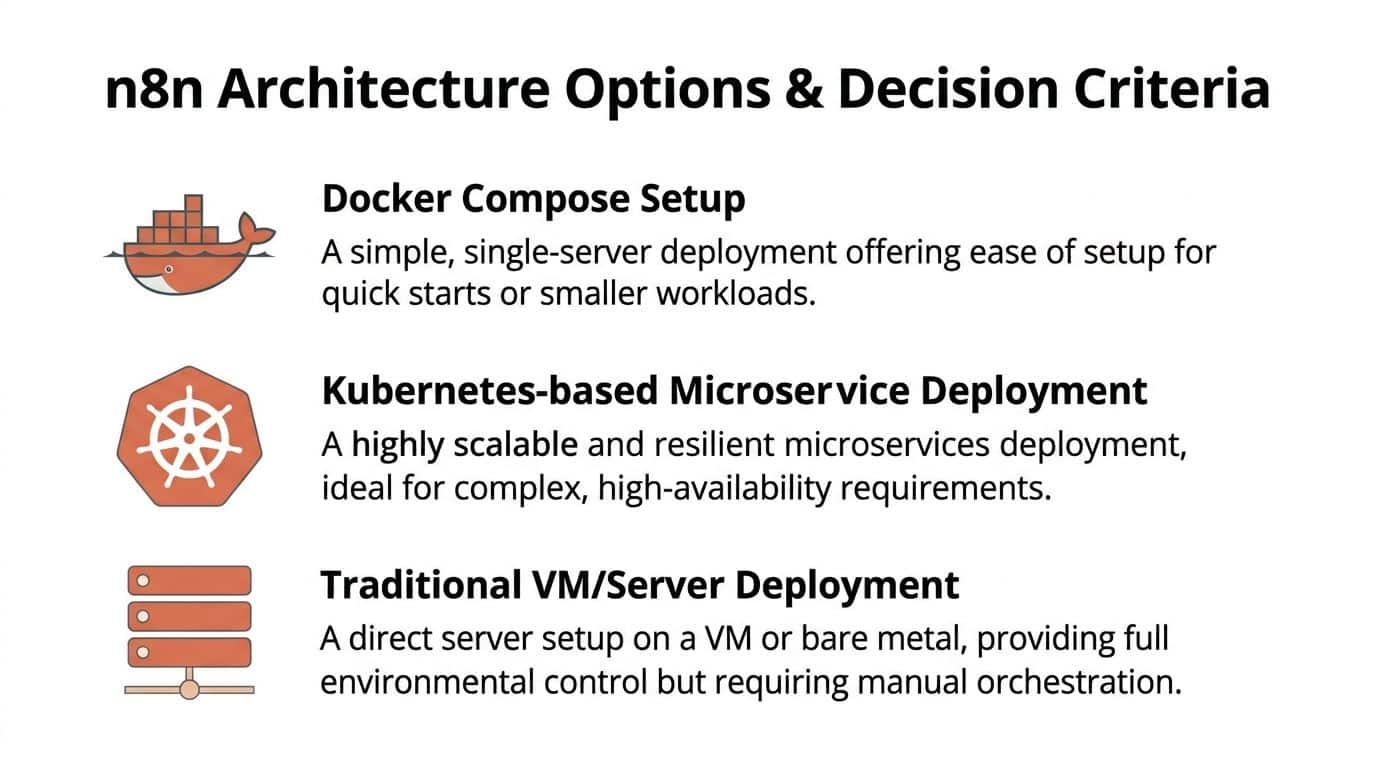 A diagram outlining n8n architecture options including Docker Compose, Kubernetes-based microservices, and traditional VM or server deployment.