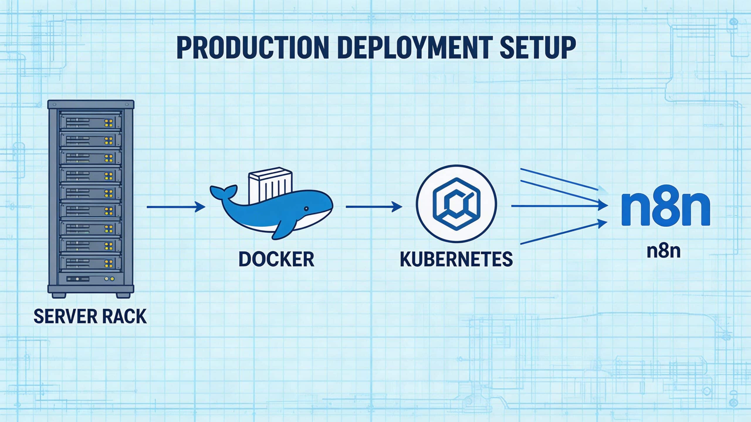 A technical diagram illustrating the production deployment setup for n8n using Docker and Kubernetes on server racks.