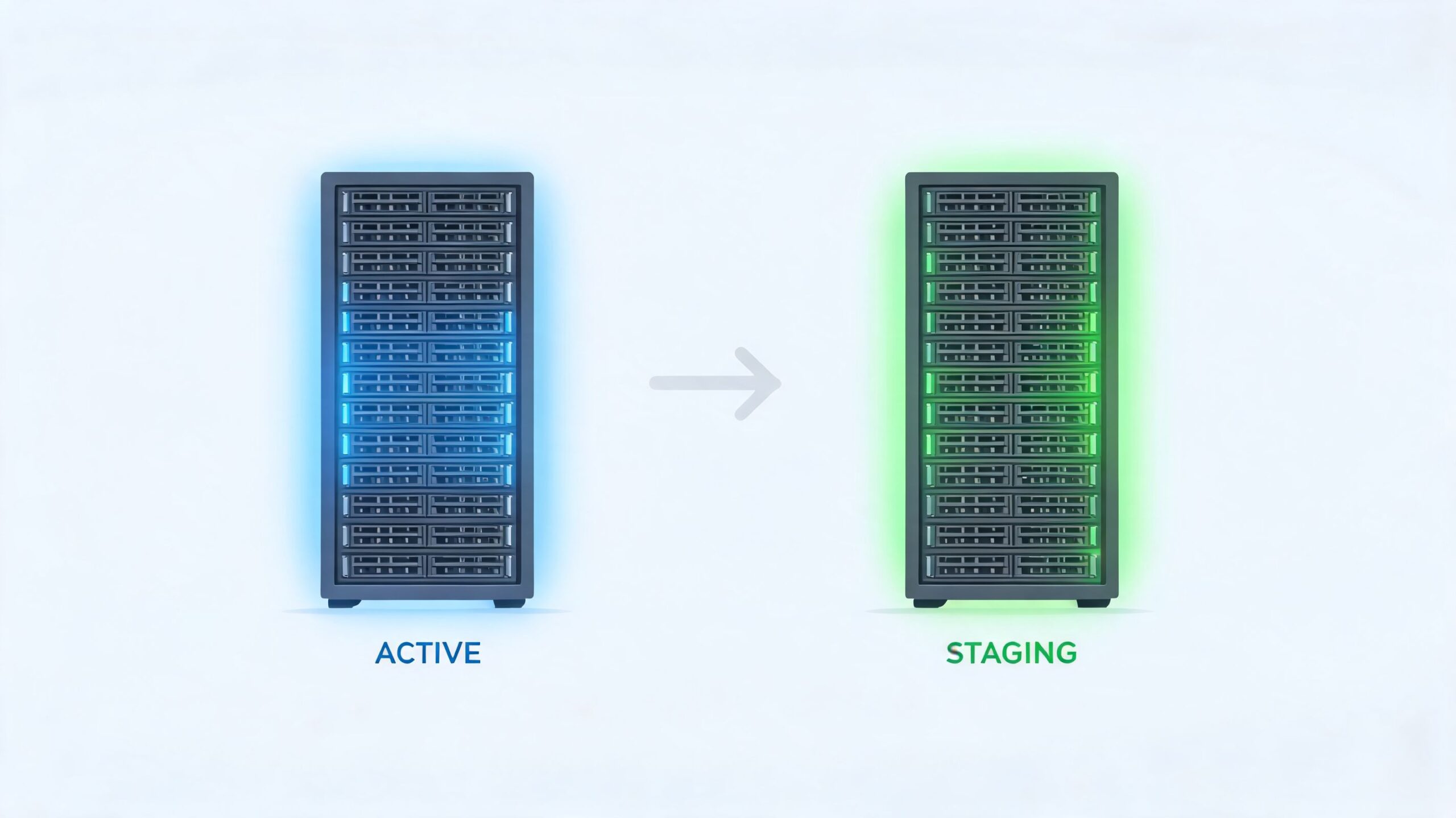A digital illustration representing blue green deployment with an active blue server and a staging green server.
