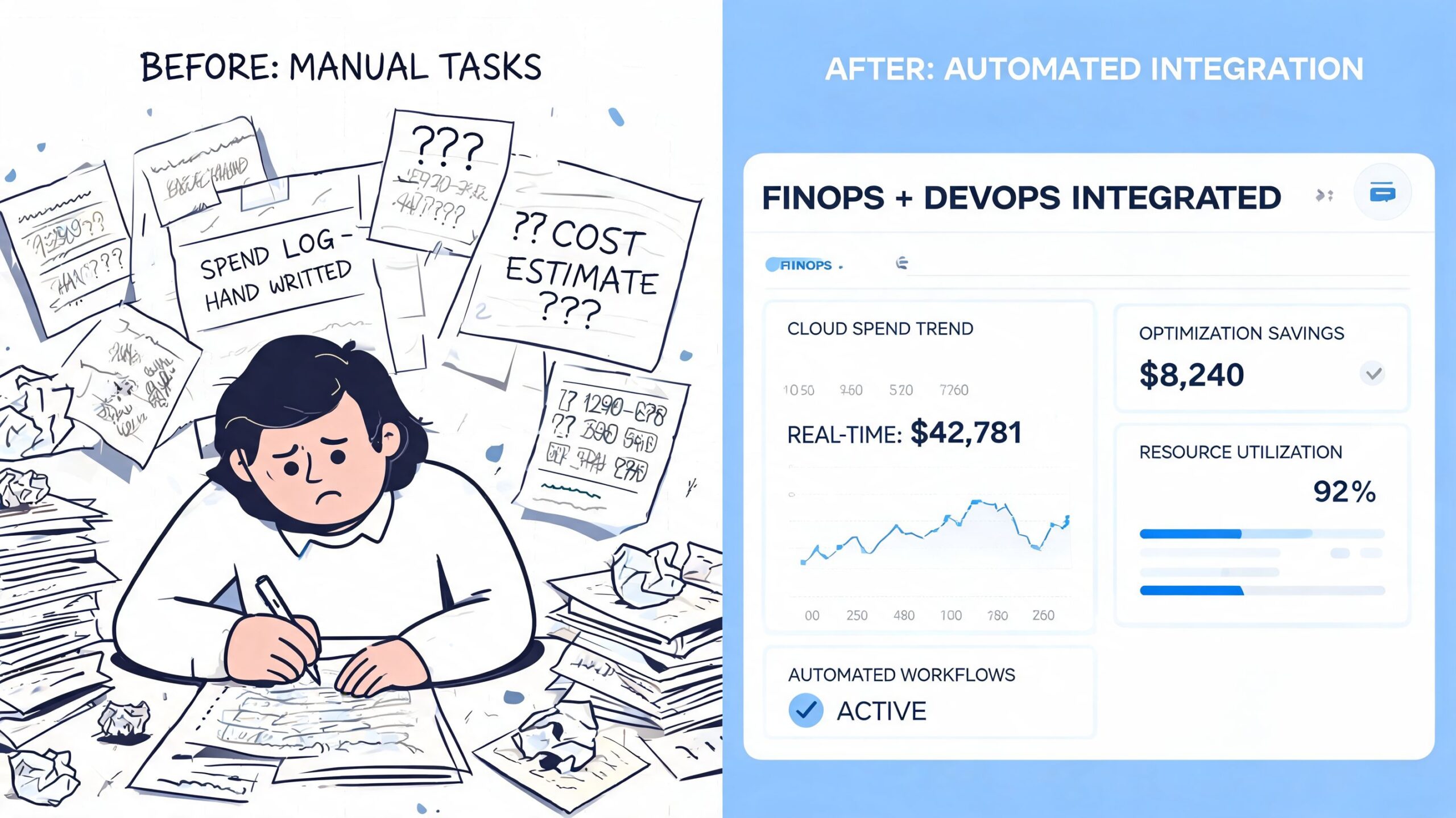A split image contrasting a person overwhelmed by manual paperwork with a streamlined automated FinOps software dashboard.