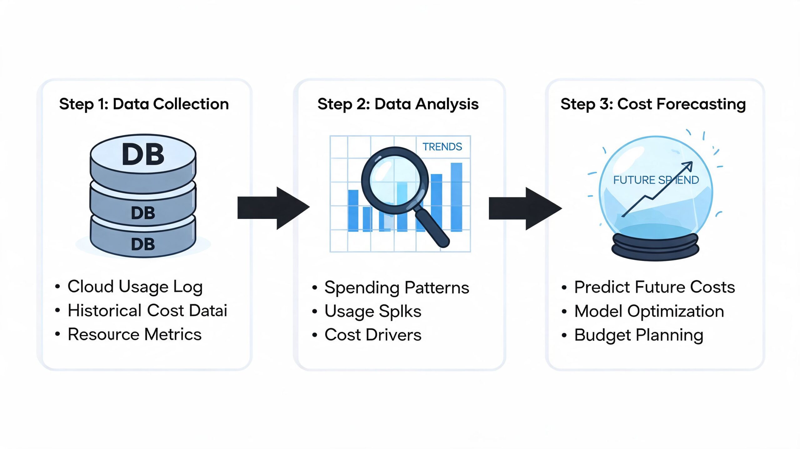 A three-step infographic showing the data collection, analysis, and cost forecasting process for cloud financial management.