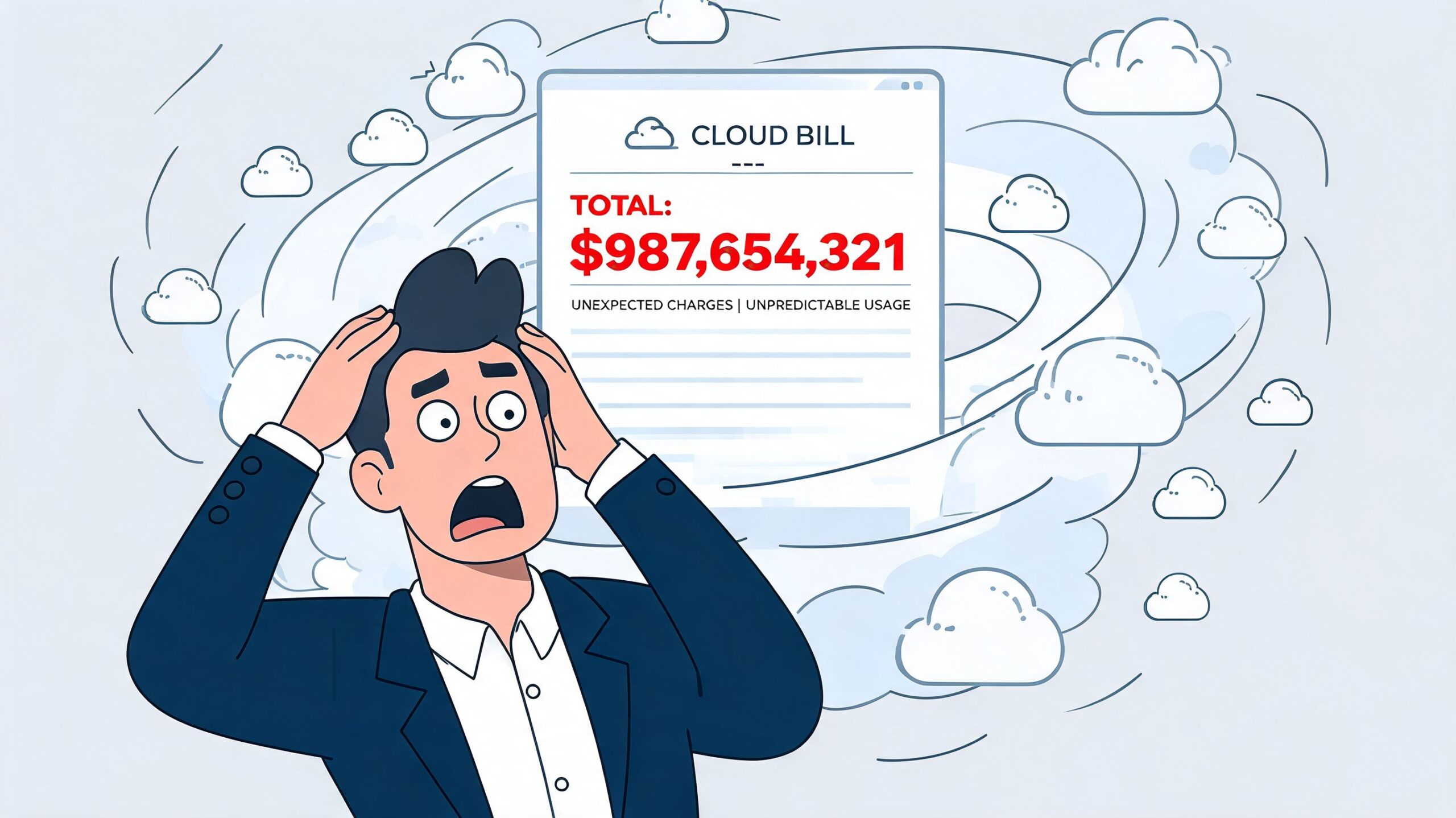 A distressed businessman looking in shock at a massive cloud bill with an extremely high total amount.