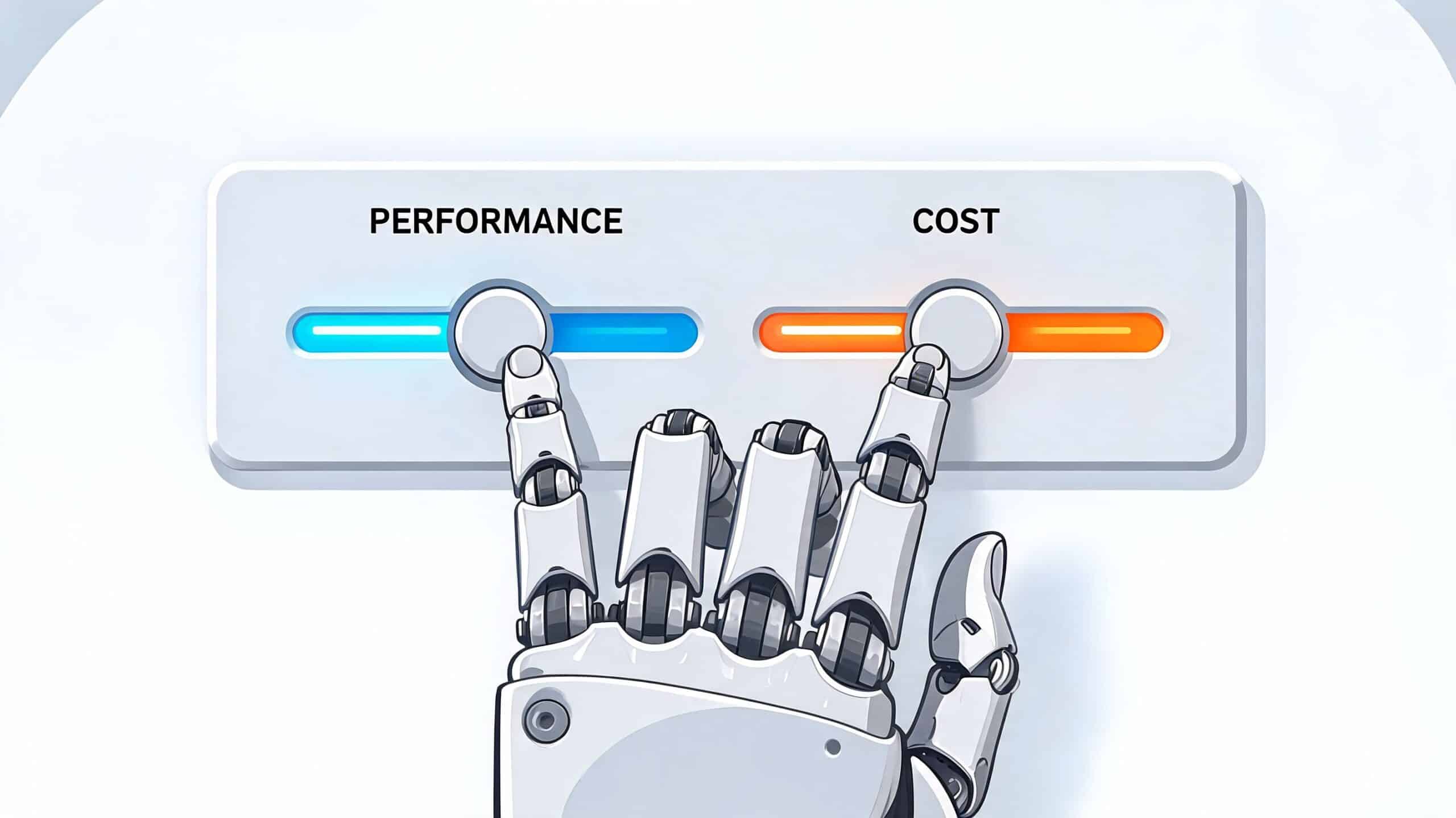 A robotic hand adjusting slider bars representing the trade-off between technical performance and associated operational costs.