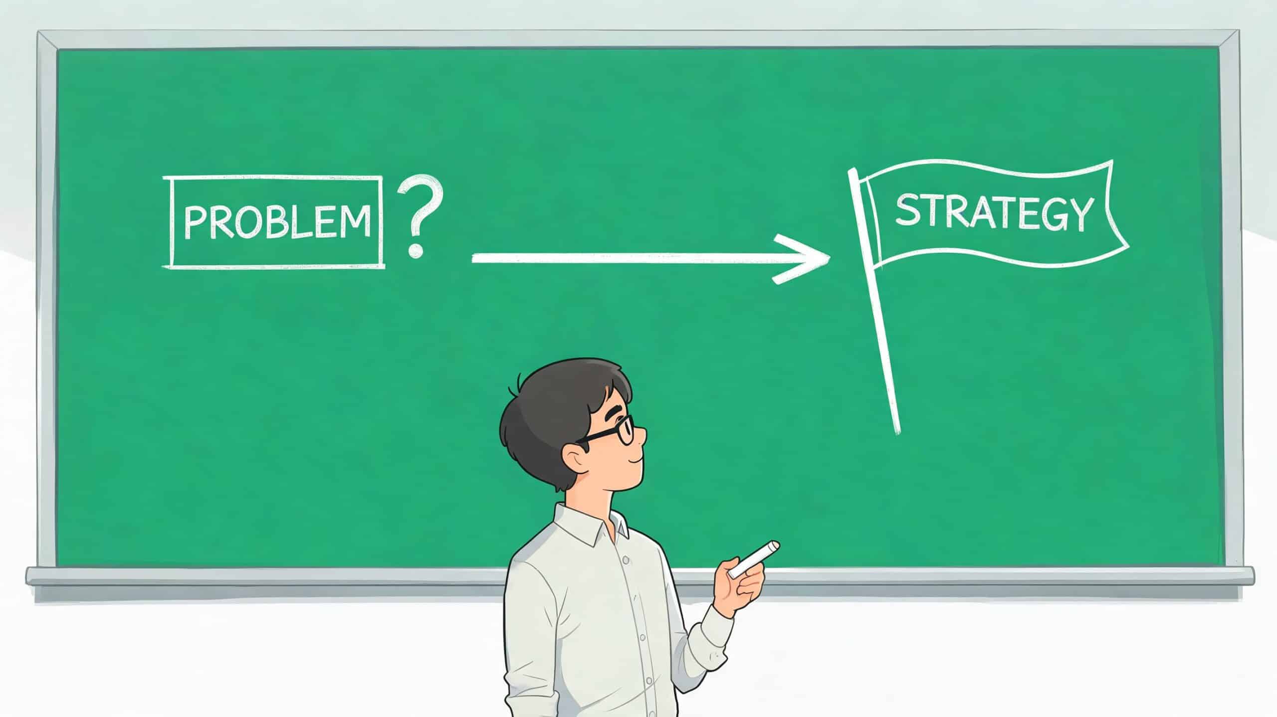 A student standing in front of a green chalkboard illustrating a path from problem to strategy.