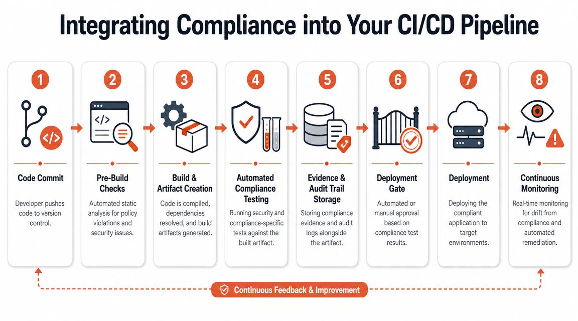A diagram illustrating the eight steps to integrate compliance tracking into a standard CI/CD pipeline.