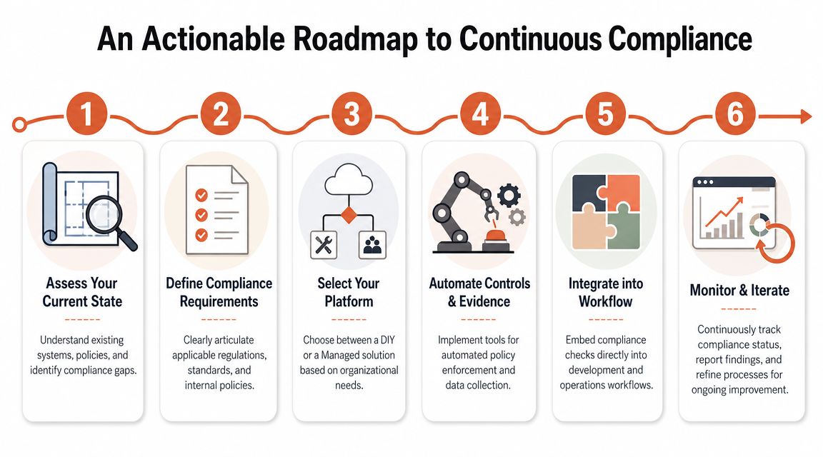 A six-step roadmap for achieving continuous compliance, from assessing current state to monitoring and iterating processes.
