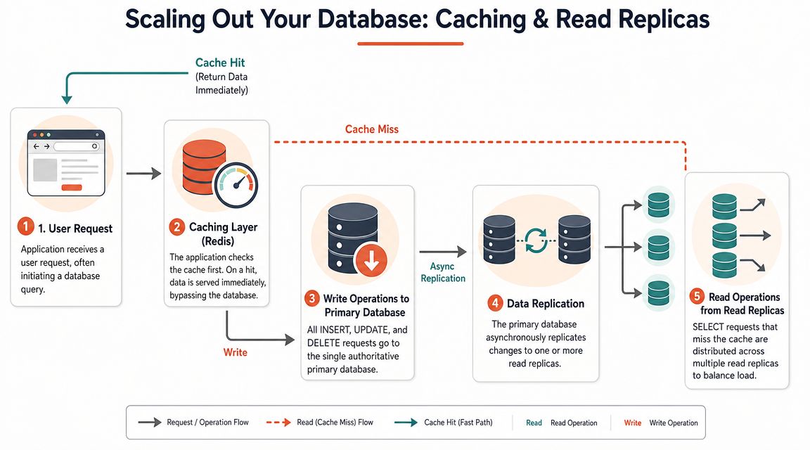 A diagram illustrating database scaling using a caching layer, primary database write operations, and read replicas.