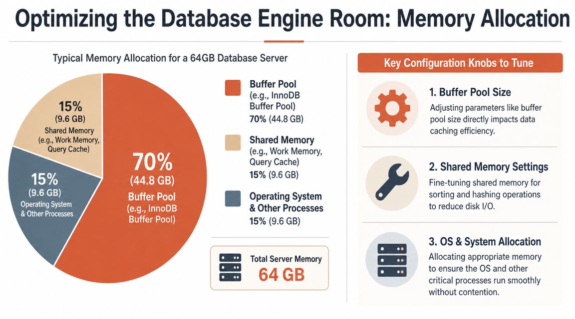 A pie chart displaying typical memory allocation for a 64GB database server, highlighting buffer pool, shared memory, and OS.