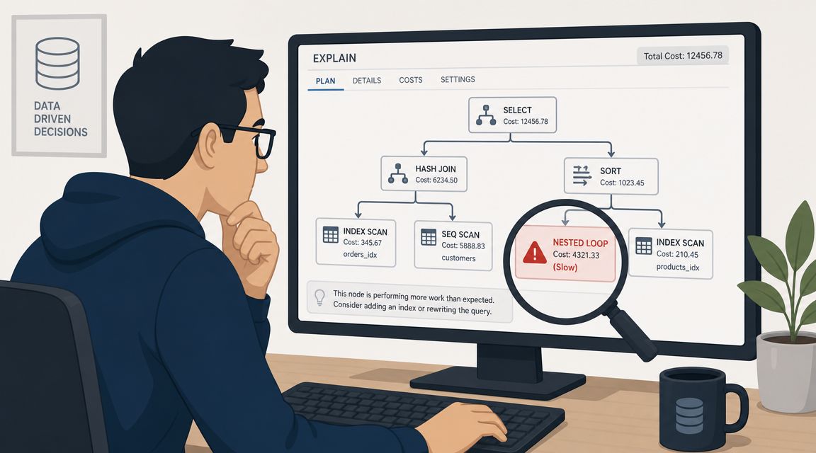 A person analyzing a query execution plan on a computer screen showing database performance bottleneck analysis.