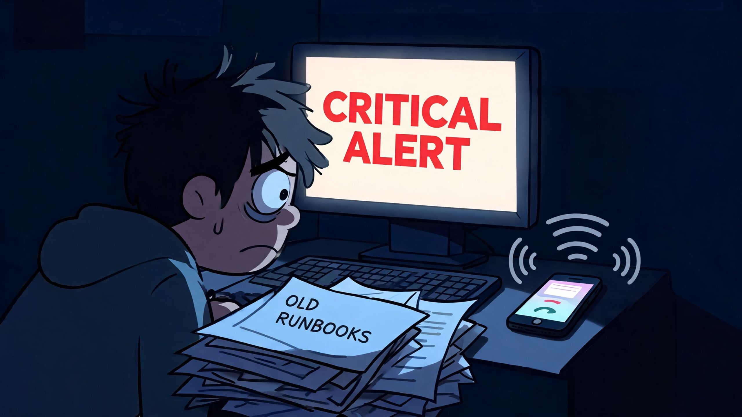 A stressed developer looking at a computer screen displaying a critical alert while surrounded by old runbooks.