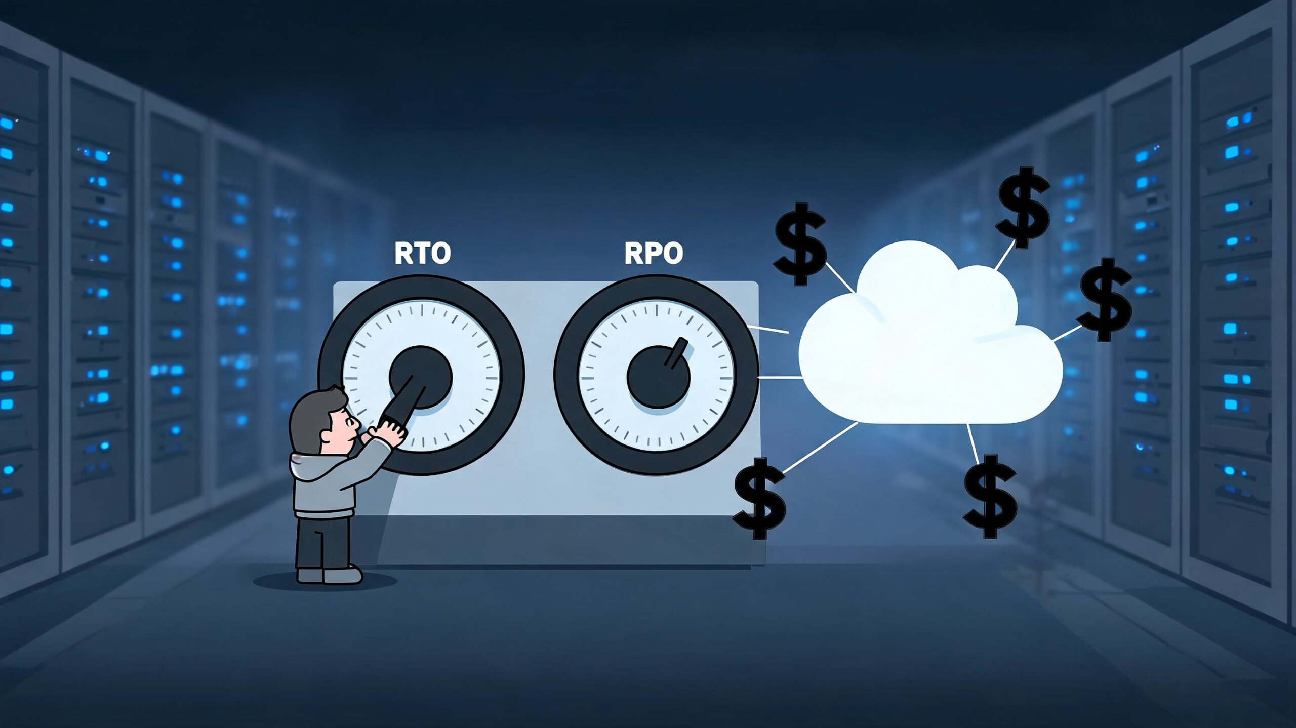 A person adjusting RTO and RPO dials connected to a cloud icon with floating dollar signs.