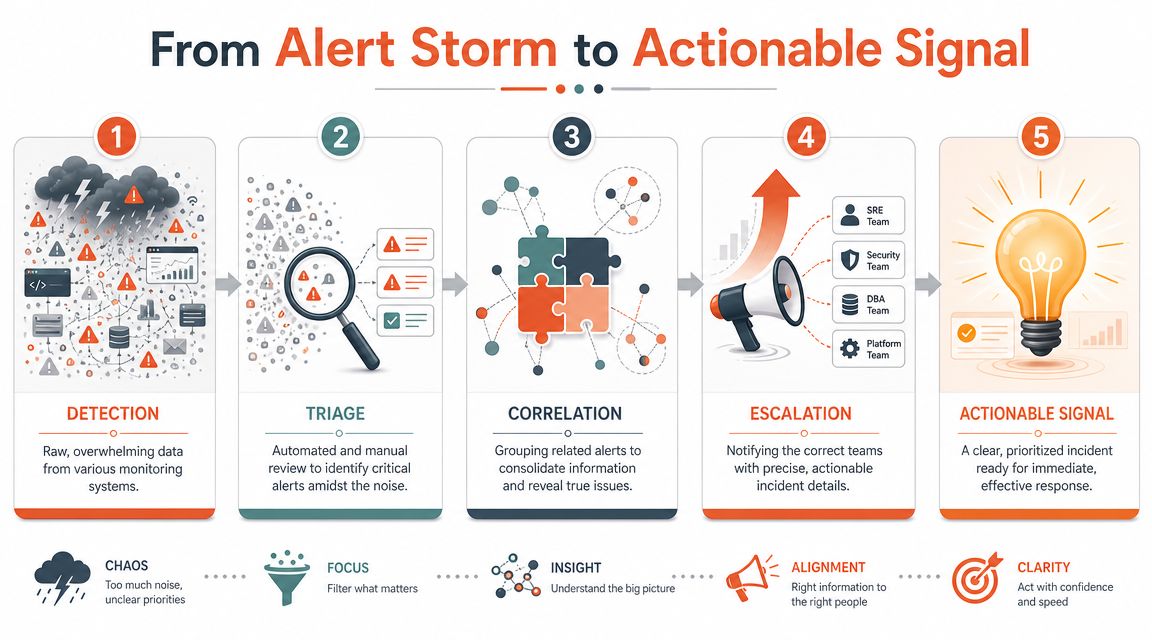 A five-step infographic showing the incident management process from raw alert storm to actionable signal.