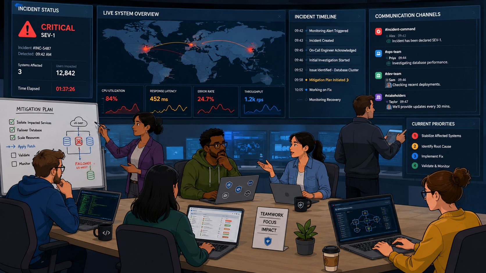 A diverse team collaborating in a high-tech operations center to resolve a critical system incident.