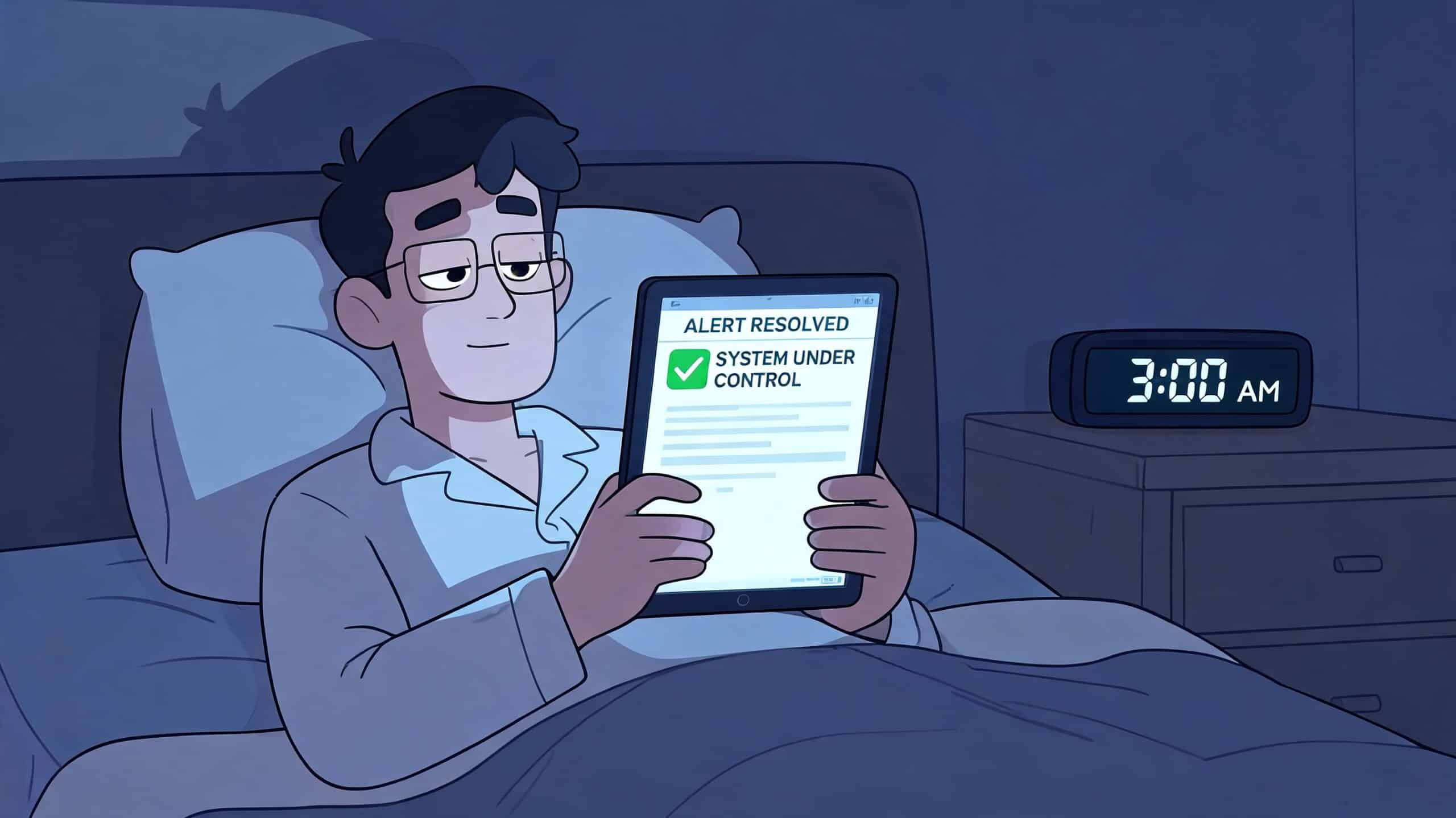 An IT professional lying in bed checking an alert resolved status on a digital tablet at night.