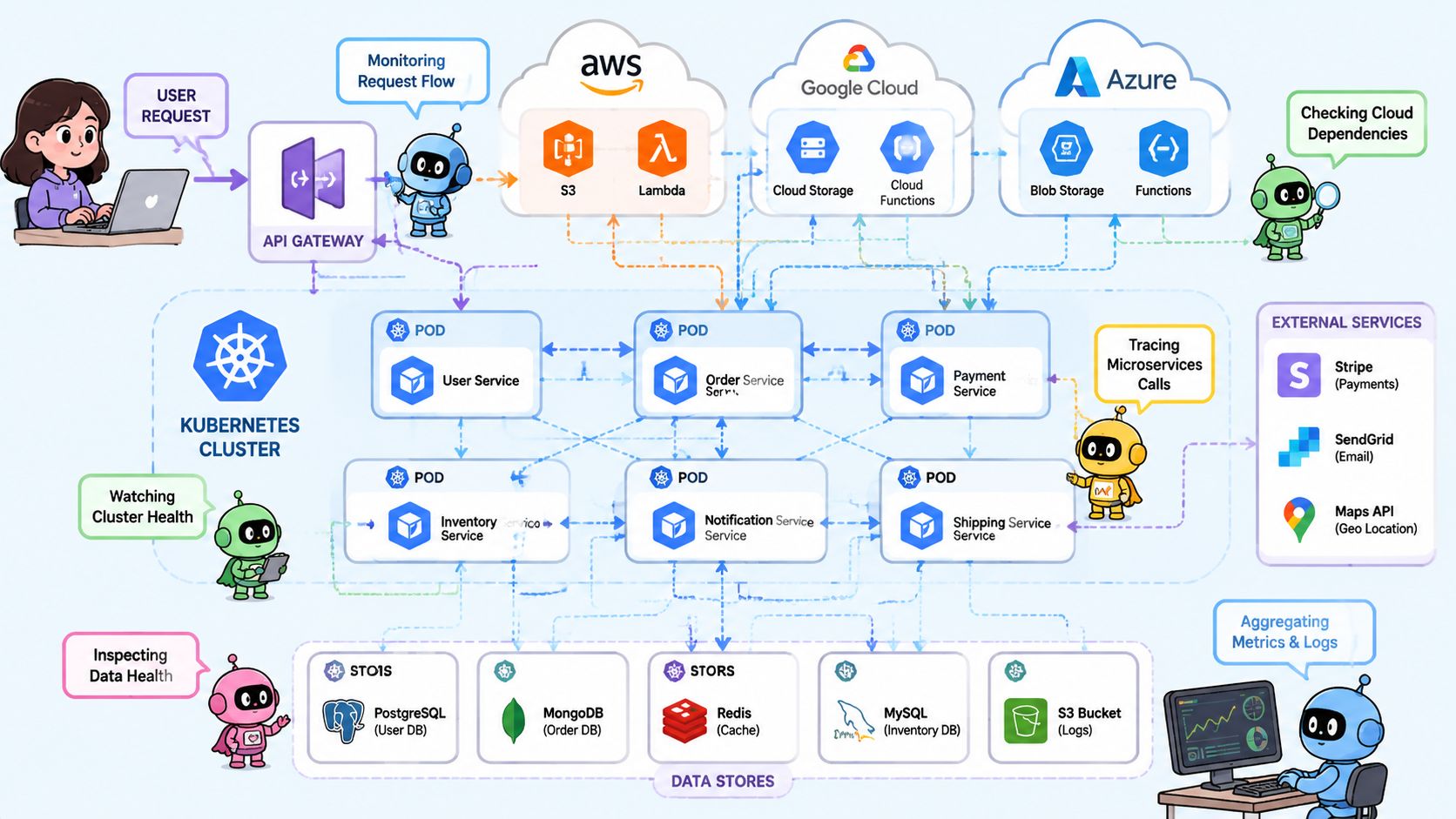 A digital illustration showing a multi-cloud Kubernetes infrastructure with microservices and automated monitoring systems for system health.