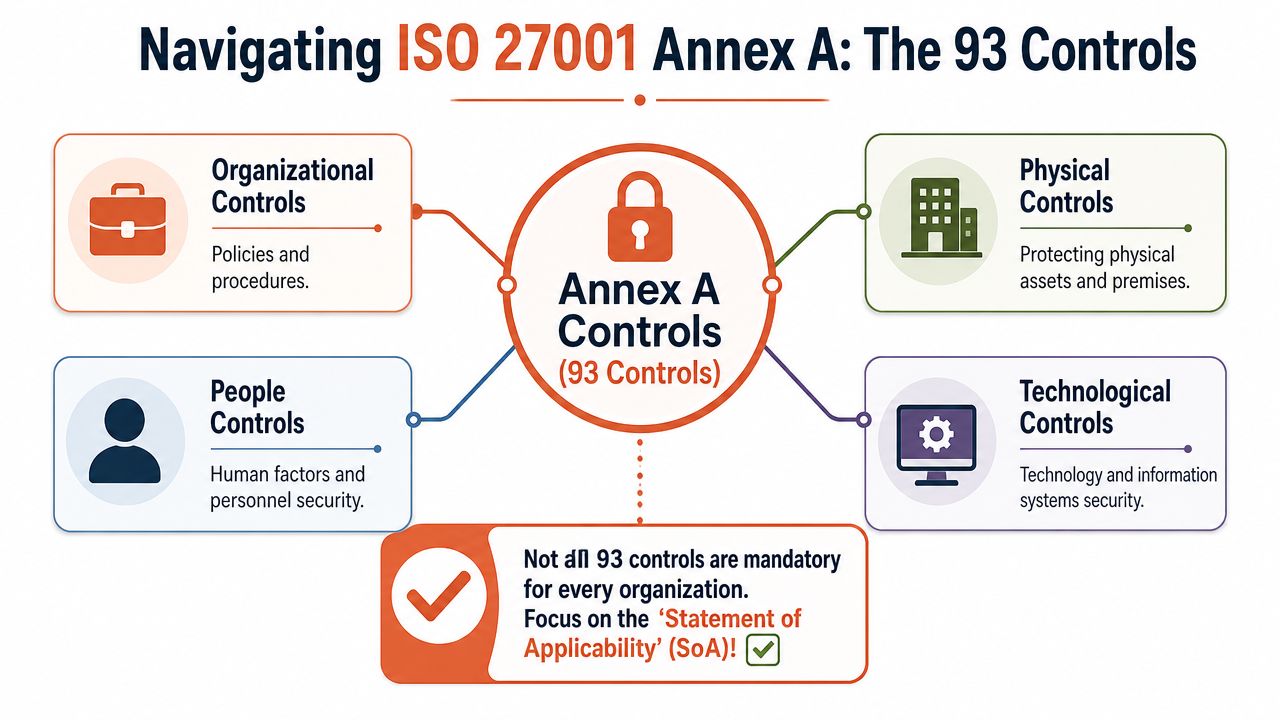 A diagram illustrating the four categories of ISO 27001 Annex A controls including organizational, people, physical, and technological.
