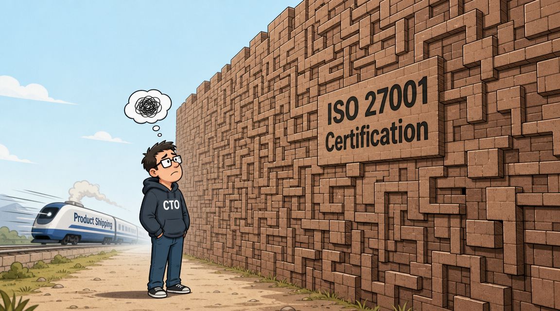 A CTO standing before a complex maze wall labeled ISO 27001 Certification while a train passes by.
