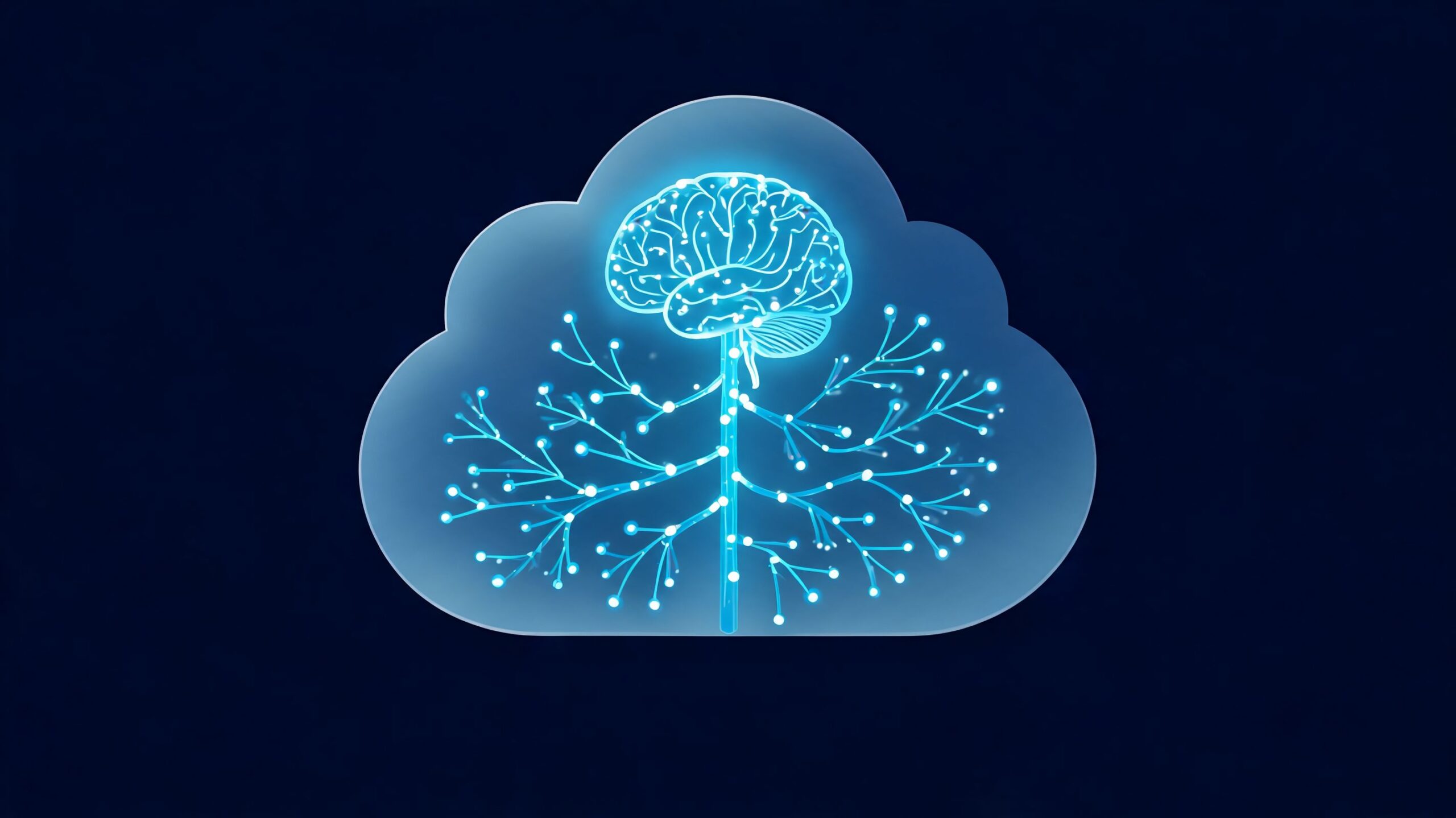 A glowing digital human brain connected to a branching neural network inside a translucent cloud symbol.