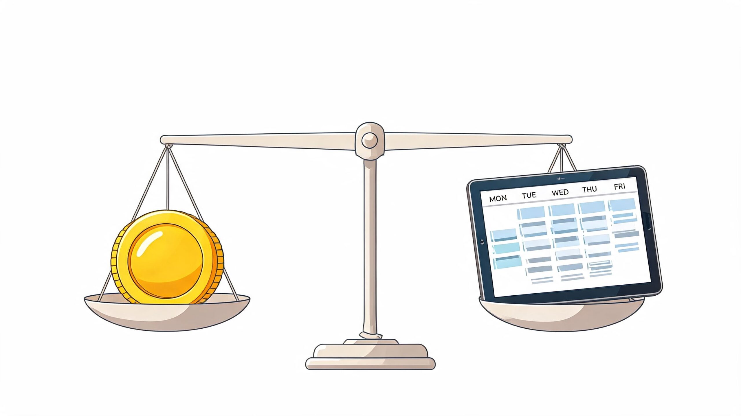 A conceptual scale balancing a gold coin on one side and a digital tablet showing a weekly schedule.