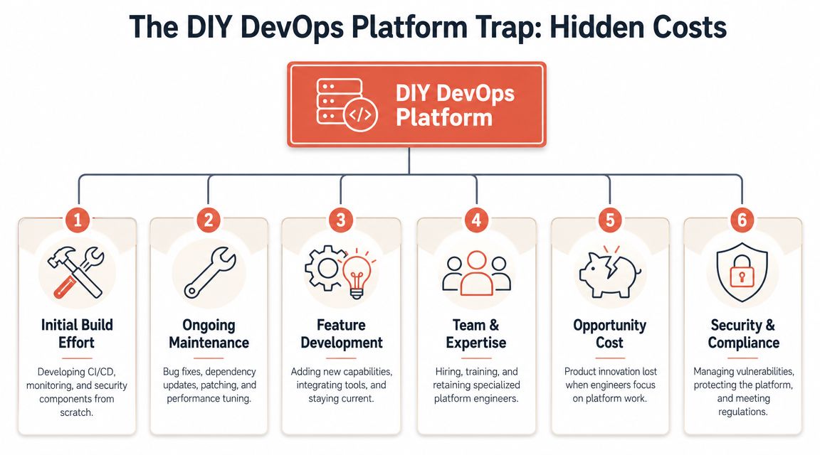 A diagram outlining six hidden costs associated with building a custom DIY DevOps platform for software teams.