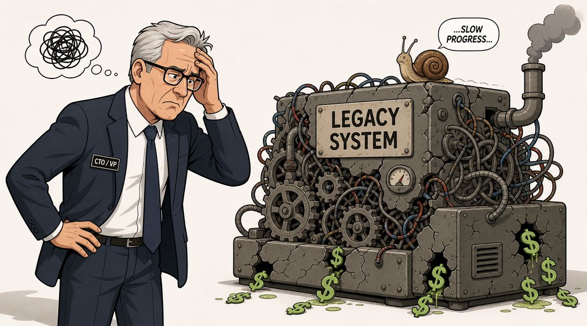 A frustrated CTO looking at a clunky, failing machine labeled legacy system leaking money and progress.